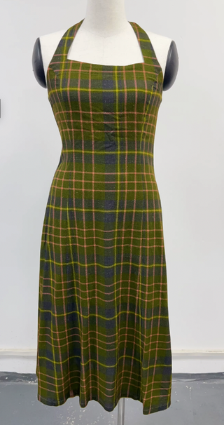 SAMPLE #285 - S Plaid Soft Linen Halter Midi Dress - Green