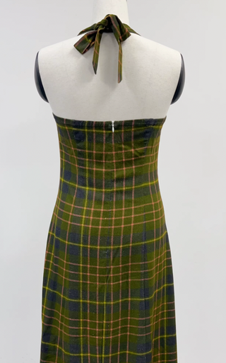 SAMPLE #285 - S Plaid Soft Linen Halter Midi Dress - Green