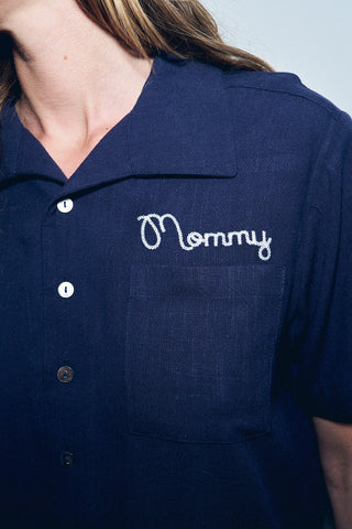 Mommy Bowling Shirt Navy Linen
