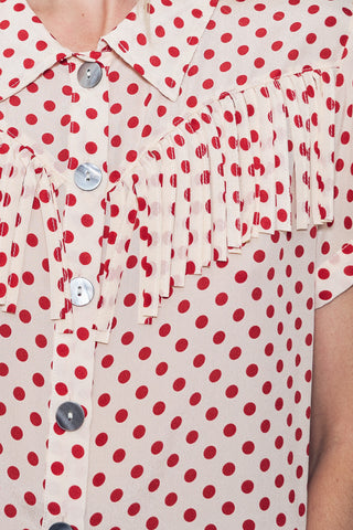 Silk Fringe Blouse Red Polka Dot