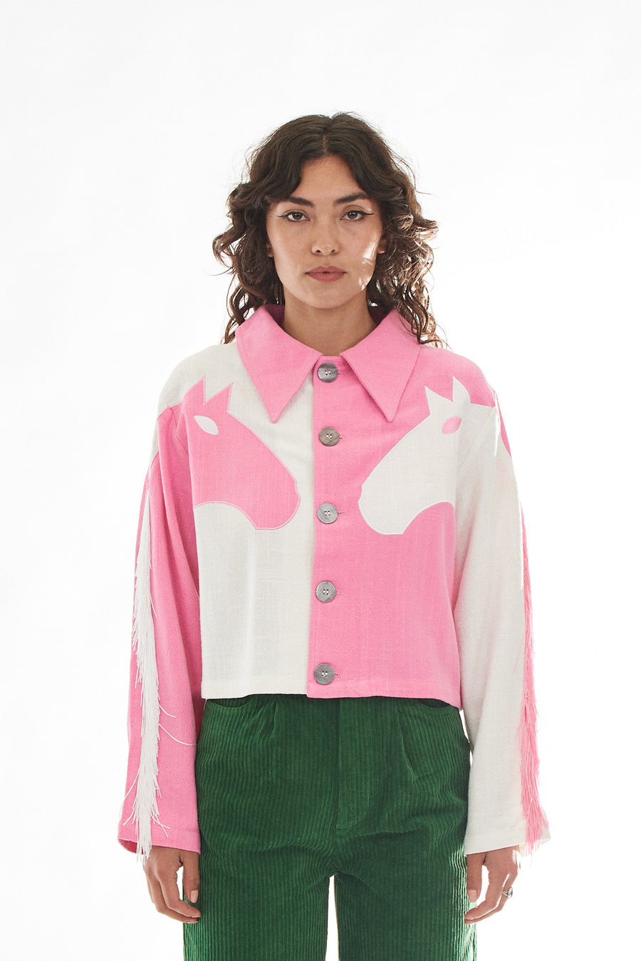 Dueling Horses Linen Crop Jacket Pink/White