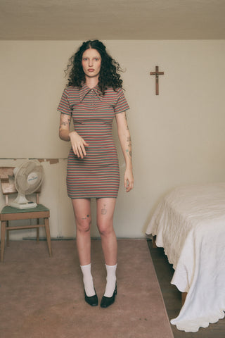 Red Stripe Cotton Polo Short Sleeve Mini Dress