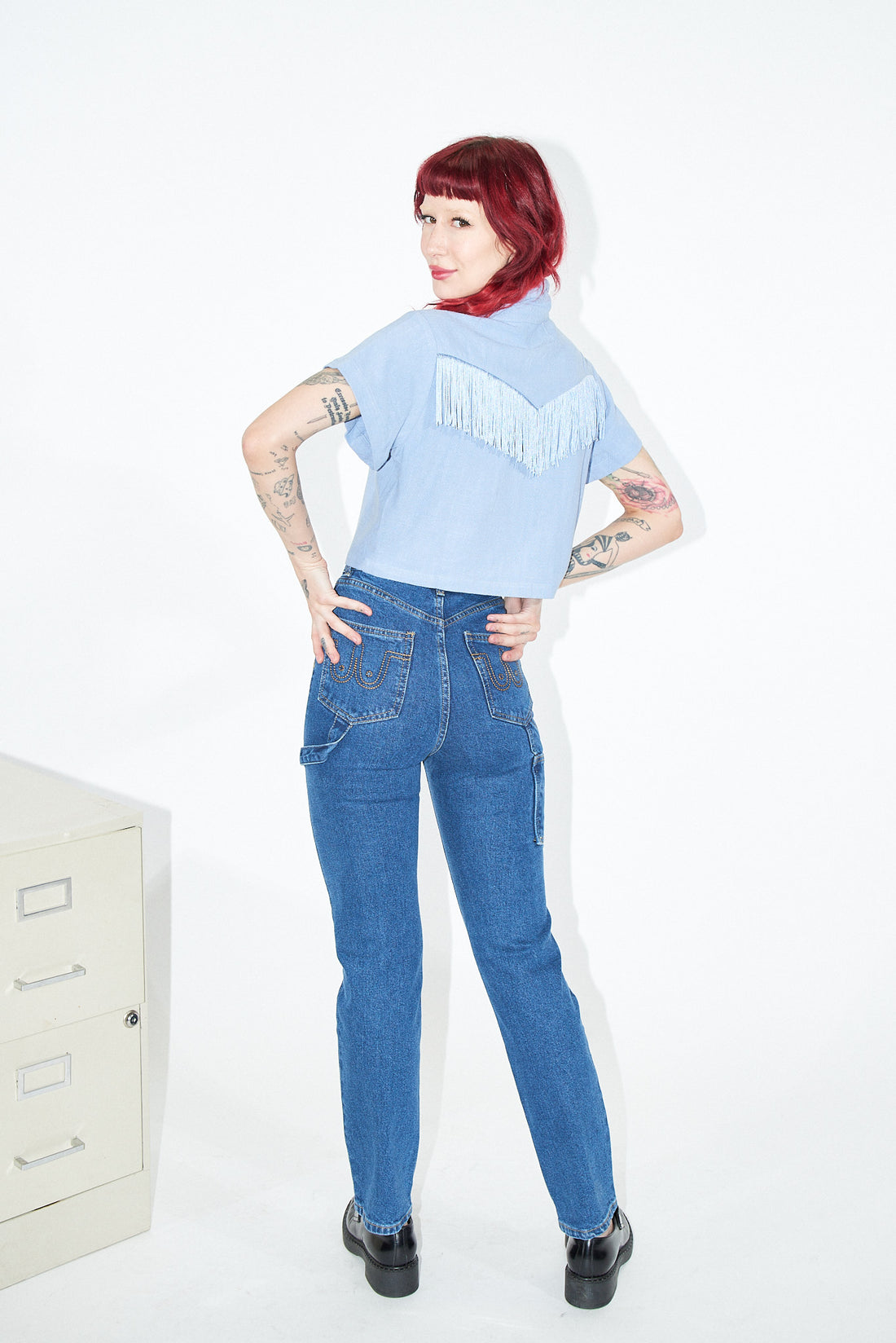 Blue Linen Mushroom Fringe Blouse