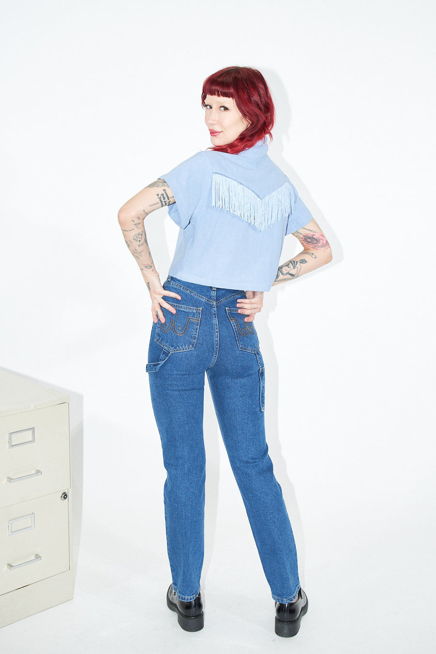 Blue Linen Mushroom Fringe Blouse