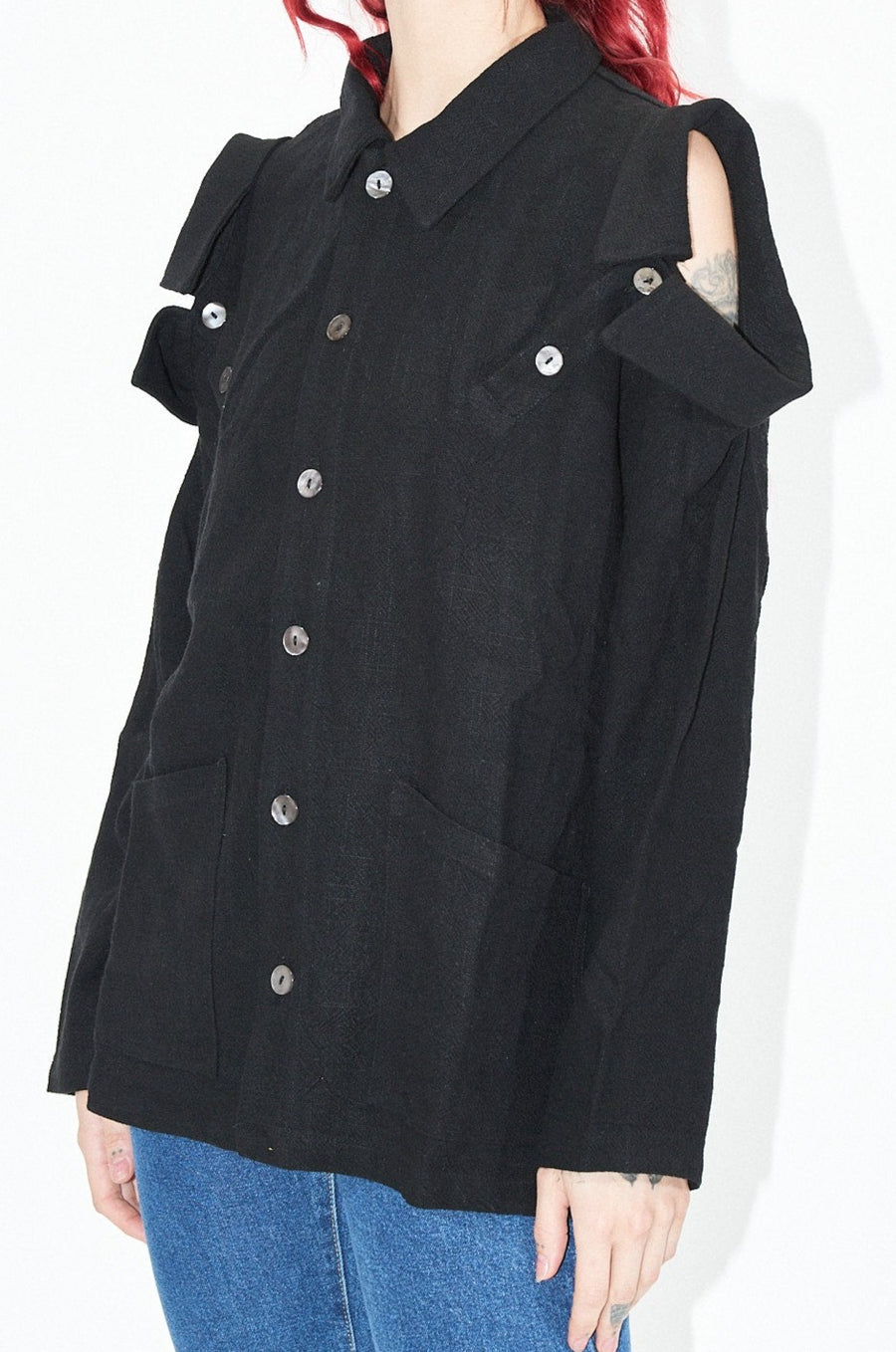 Unisex Black 3 Collar Linen Chore Jacket