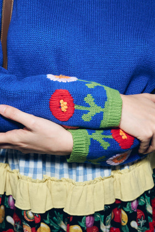Flowers Cotton Sweater Blue