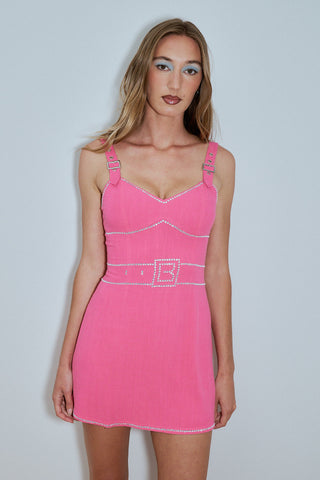 Buckle Strap Rhinestone Soft Linen Mini Dress Pink
