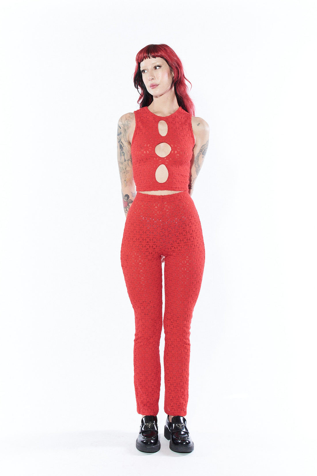 3 Hole Punch Red Lace Crop Tank
