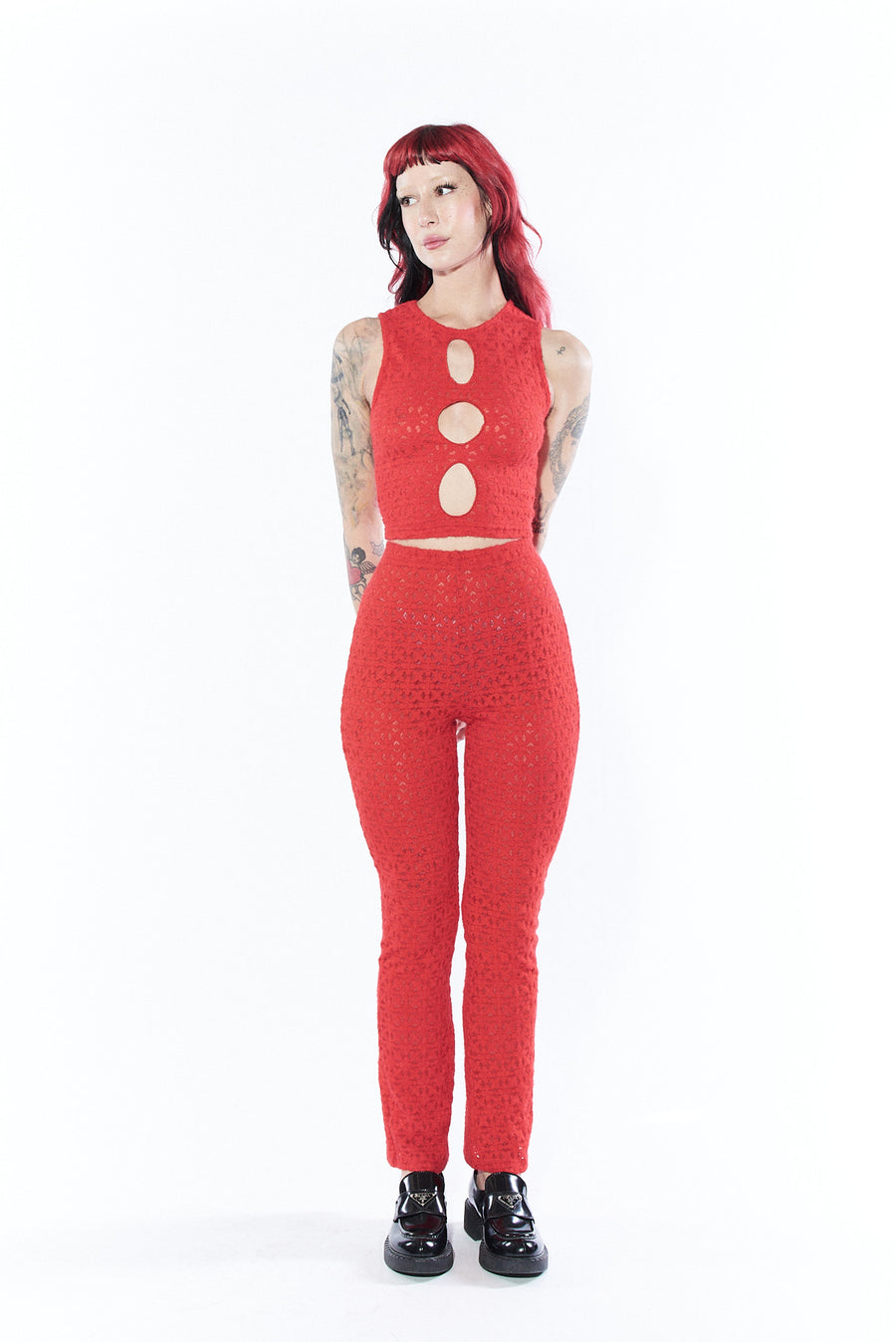 3 Hole Punch Red Lace Crop Tank