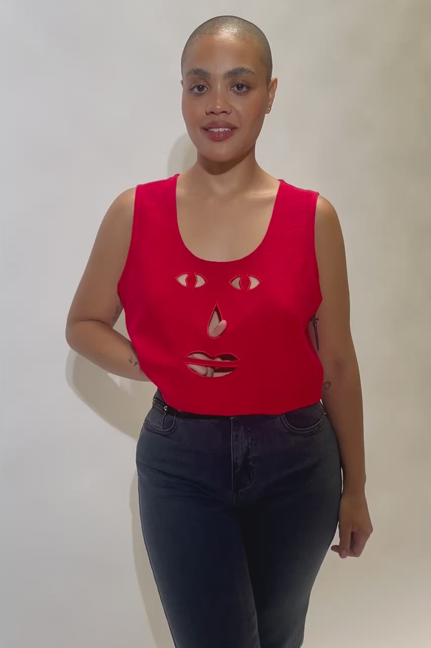 Red Linen Face Cut Out Tank