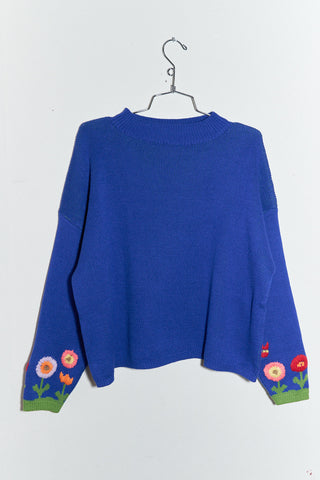 Flowers Cotton Sweater Blue