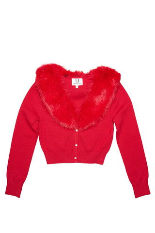 Red Faux Fur Collar Cardigan