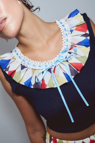 Wool Blend Ruffle Collar Clown Crop Tee Navy