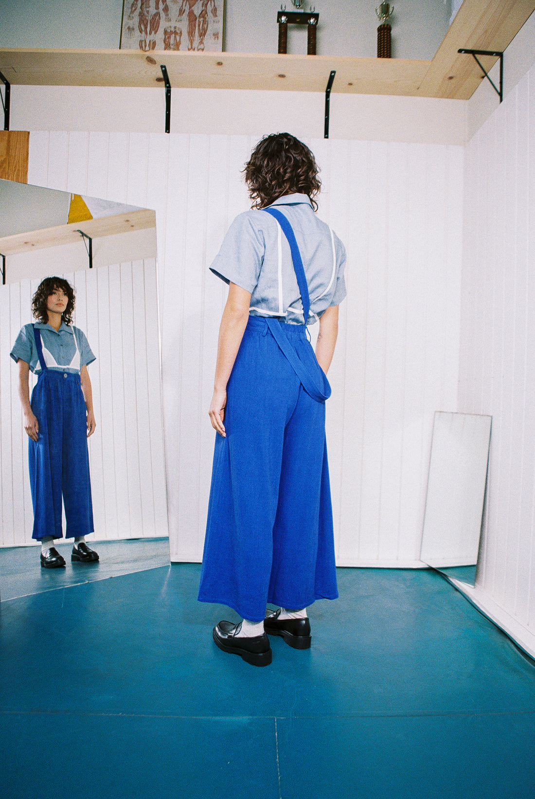 French Blue Suspender Linen Wide Leg Trousers