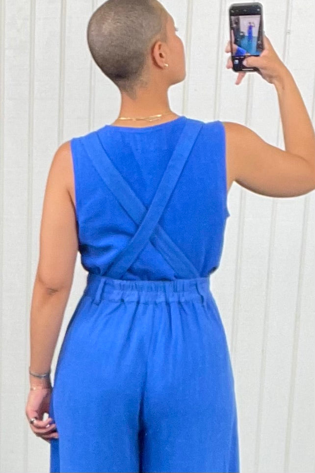 French Blue Suspender Linen Wide Leg Trousers