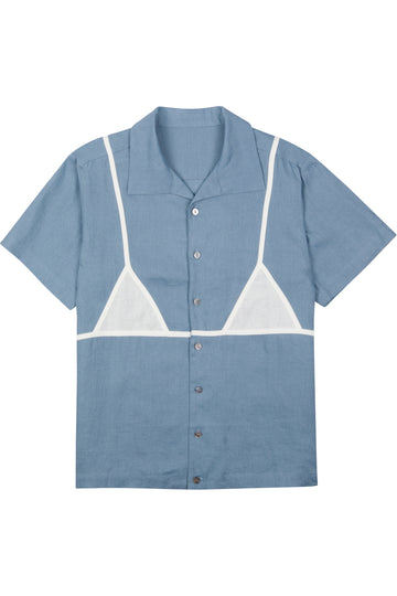 Unisex Bikini Bod Linen Bowling Shirt Blue