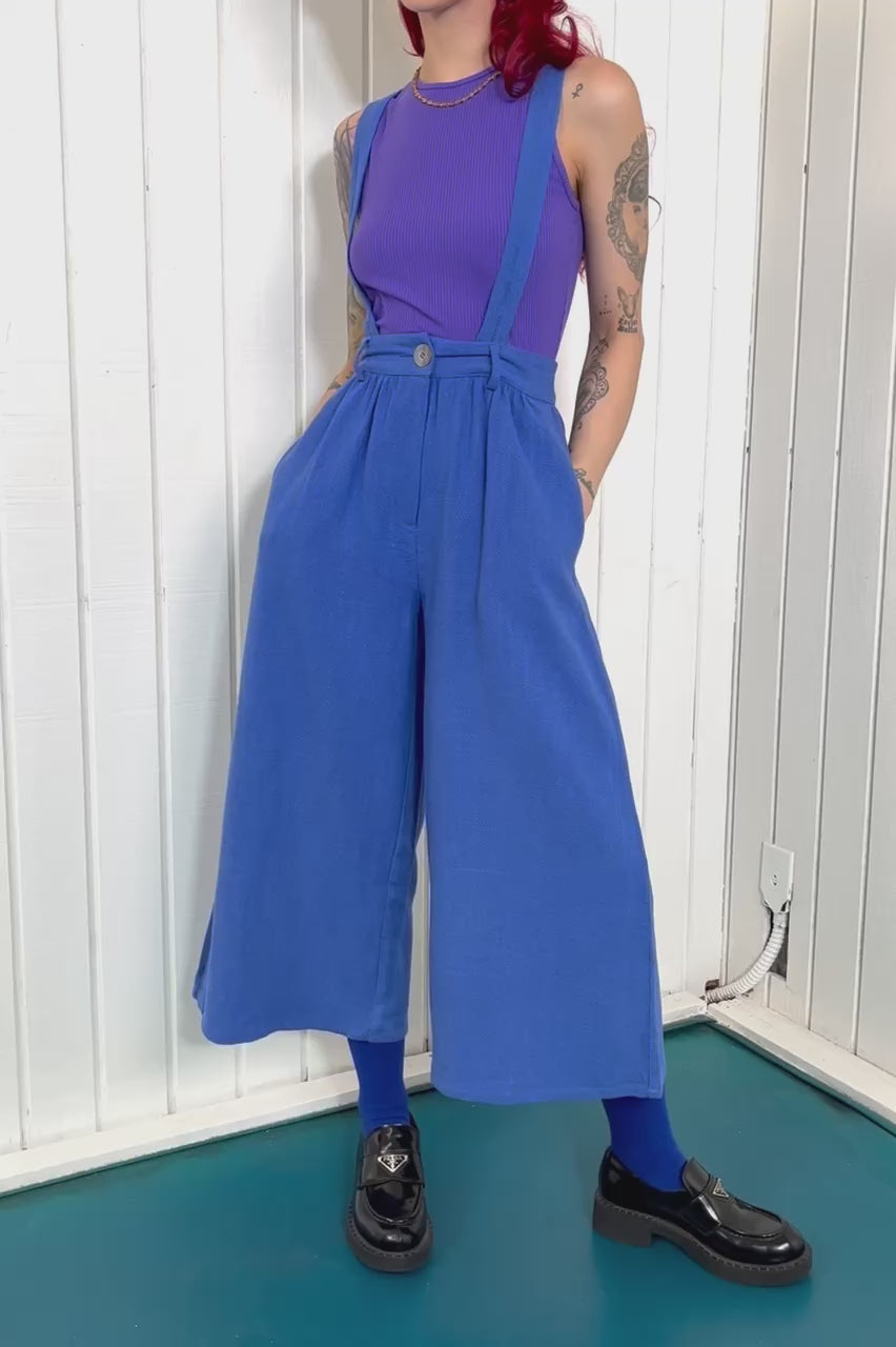 French Blue Suspender Linen Wide Leg Trousers